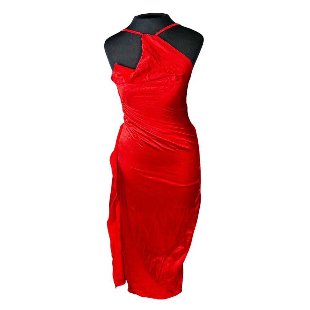 Set of Red and Purple One-Shoulder Ruched Midi Dress With Adjustable Straps